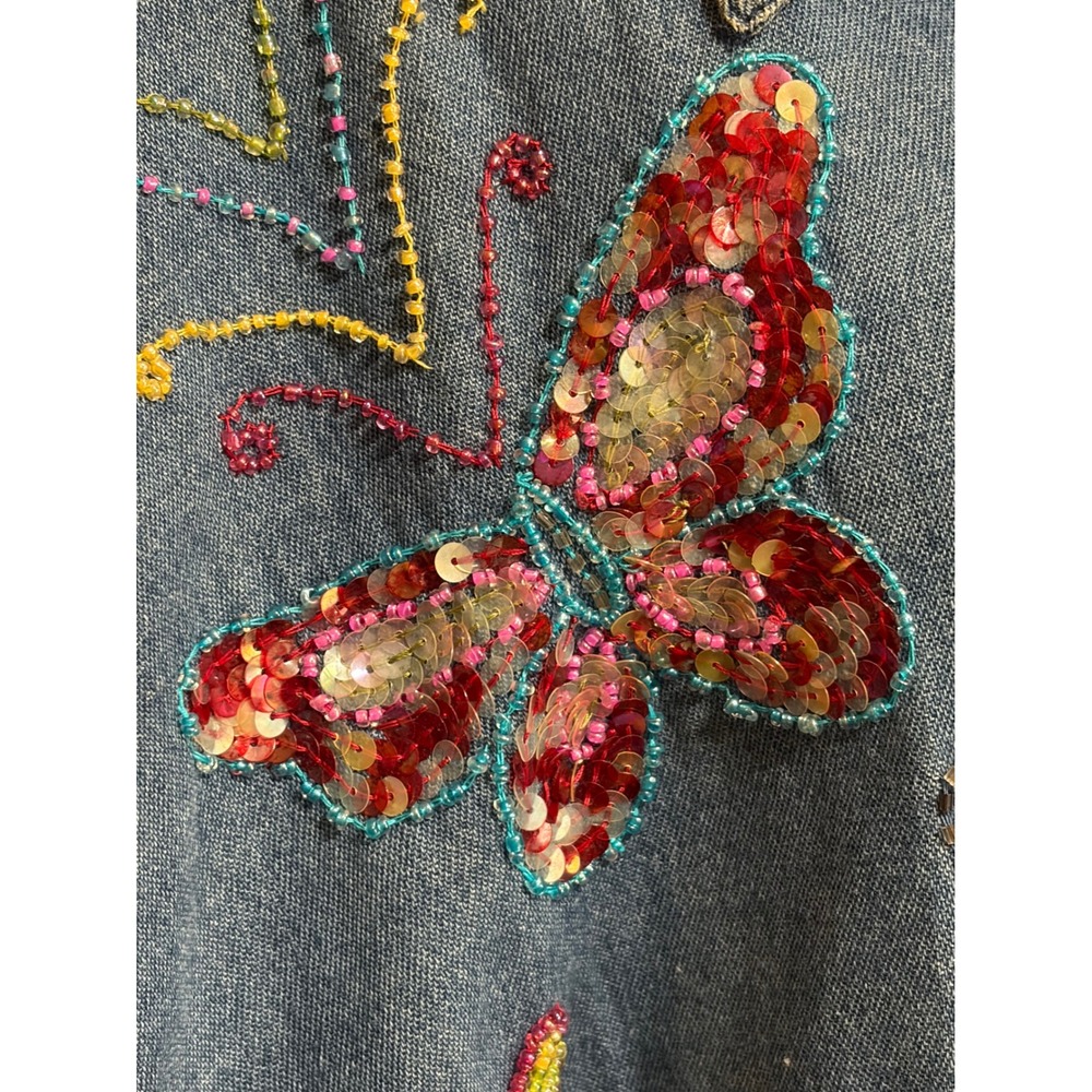 Butterfly Sequin Beaded Embellished Floral Quacker Factory Womens 2X Denim Shirt - Picture 3 of 8